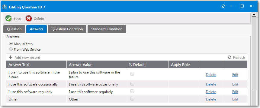 Question Properties Dialog Box / Answers Tab - List